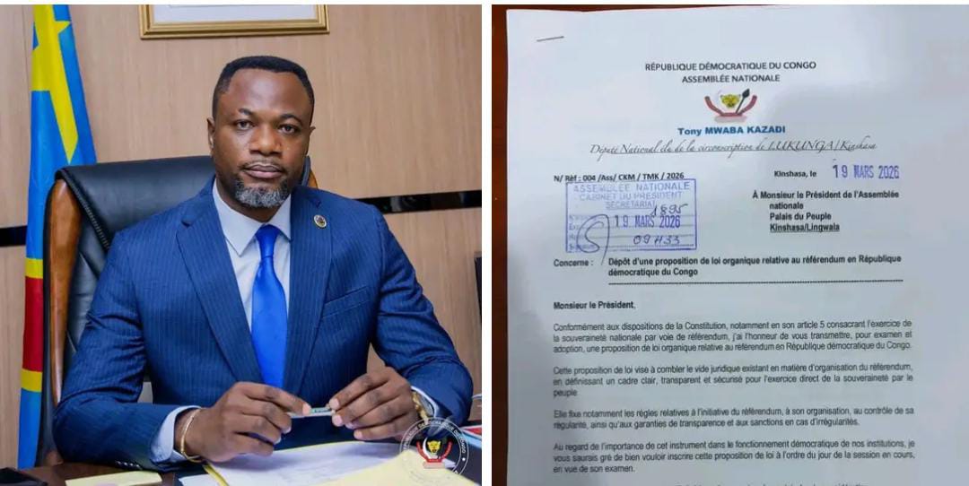 RDC : Le député national Tony Mwaba Kazadi dépose une proposition de loi sur le référendum au bureau de l'assemblée nationale