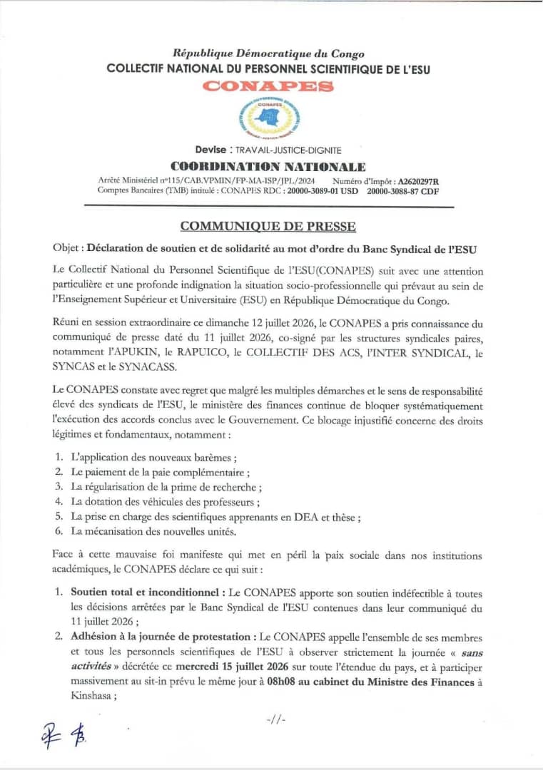 RDC : le CONAPES soutient le Banc syndical de l'ESU et menace d'une reprise de la grève dès le 22 juillet