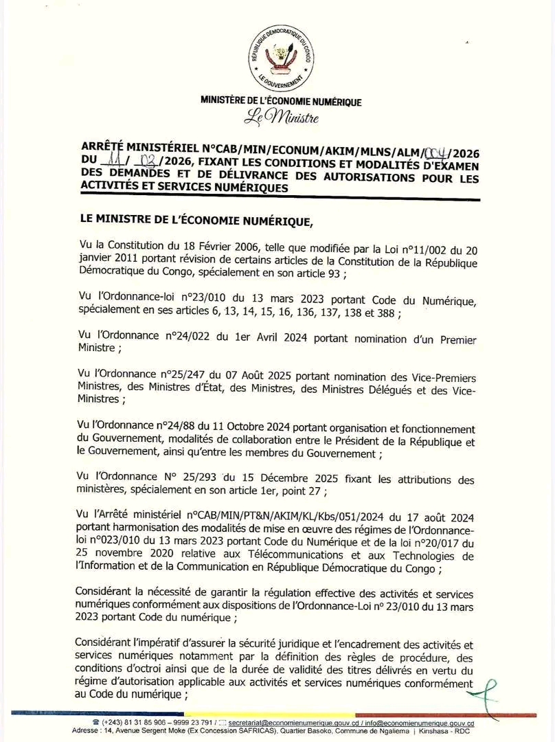 RDC : Augustin Kibassa signe l’Arrêté fixant les conditions et modalités d’examen des demandes et de délivrance des autorisations pour les activités et services numériques