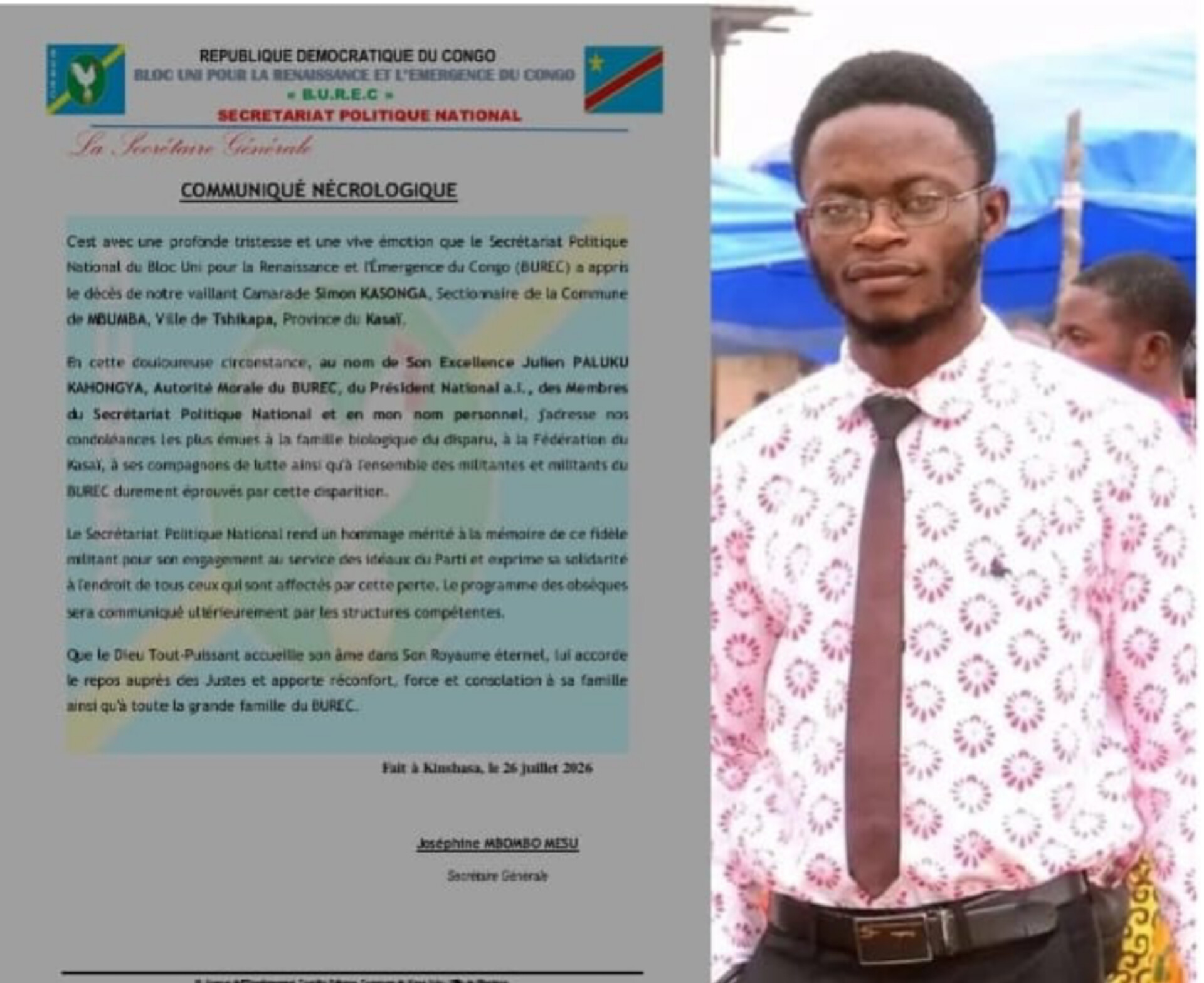 BUREC : le Secrétariat politique national rend hommage à Simon Kasonga et présente ses condoléances à la famille endeuillée