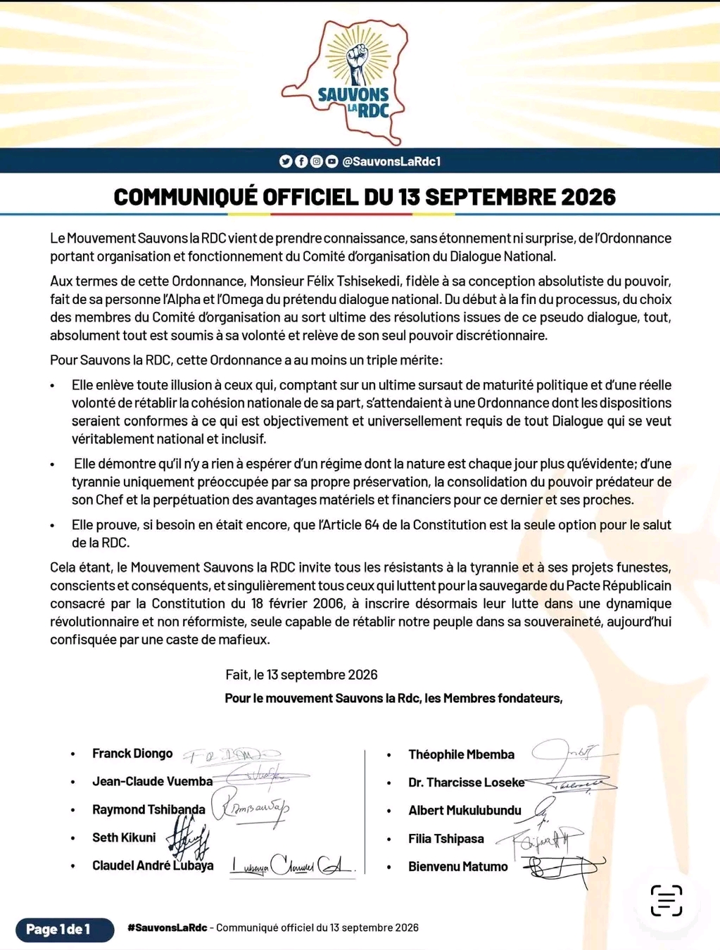 RDC : « Sauvons la RDC » rejette l’ordonnance sur le Dialogue national et appelle à une « dynamique révolutionnaire »