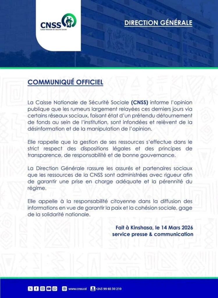 RDC : la CNSS dément les accusations de détournement visant le DG Charles Mudiay et réaffirme la transparence de sa gestion